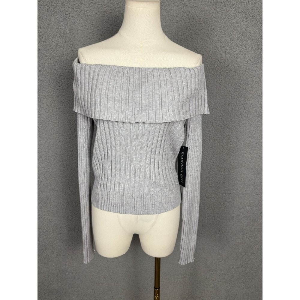 Madden Girl Juniors' Women's Off-the-Shoulder Ribbed Sweater Gray Large NWT's